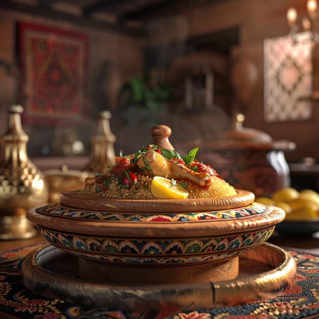 Photo tajine moroccan food with cous cous chicken and lemon confit