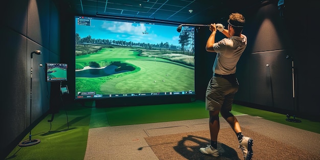 Photo take advantage of a stateoftheart indoor golf simulator with a huge screen that is realistically intended for yearround practice in a dedicated space generative ai