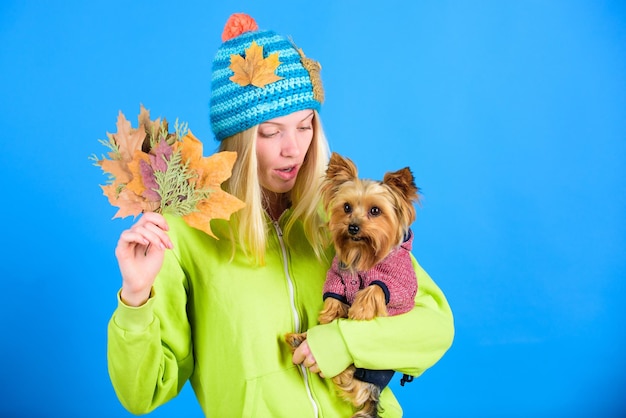 Photo take care pet autumn veterinary medicine concept health care for dog pet regular flea treatment pet health tips for autumn girl hug cute dog and hold fallen leaves woman carry yorkshire terrier