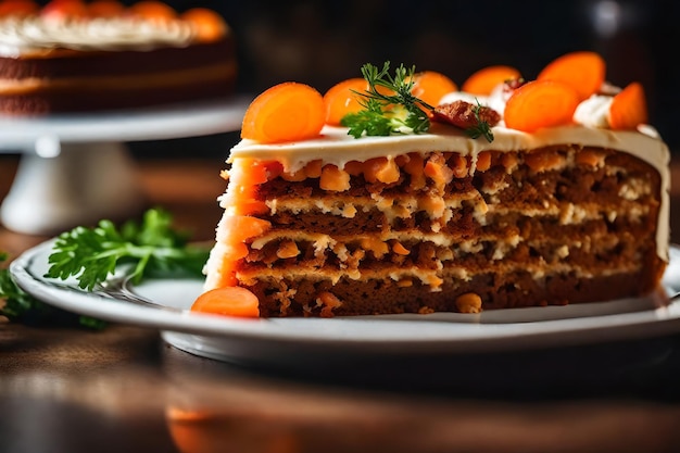 Take a closer look at a picture of Carrot Cake with a beautiful restaurant in the background AI Generated