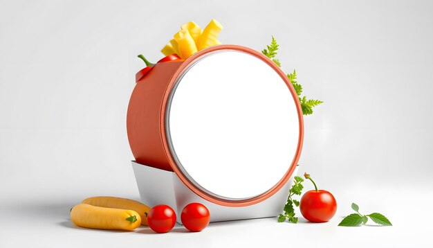 Photo takeaway food container round box mockup with vegetable and fruit copy space for your logo or