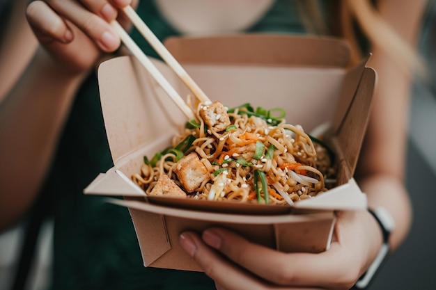 Takeout Box of StirFried Noodles and Tofu with AI generated