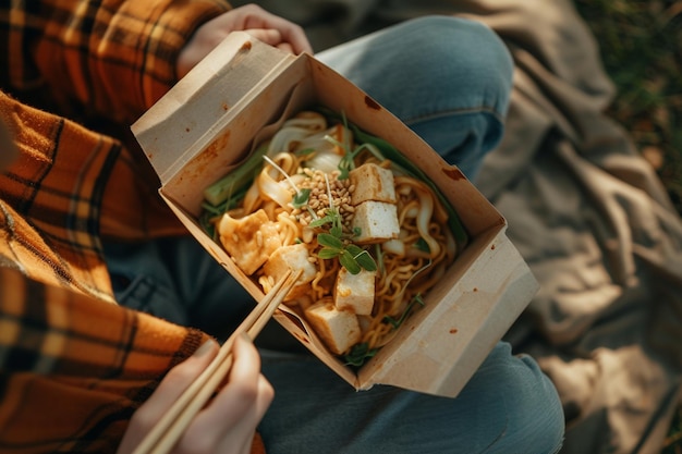 Takeout Box of StirFried Noodles and Tofu with AI generated