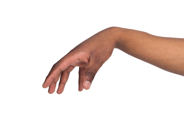 Taking. Black male hand grab some items on white isolated background, cutout, copy space