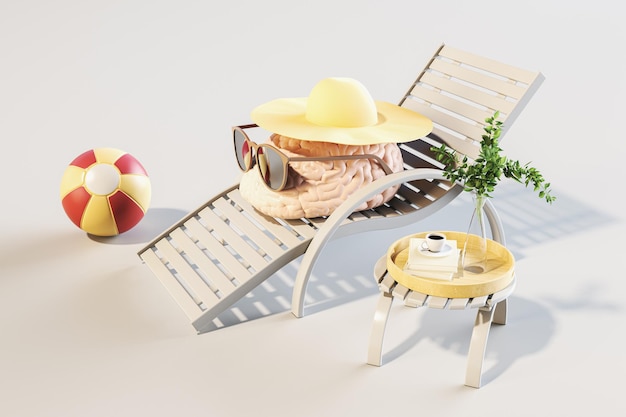 Taking a brain vacation concept with human brain in sunglasses and hat on a sunbed on light background with coffee cup and ball 3D rendering