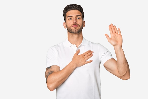 Taking an oath putting hand on chest