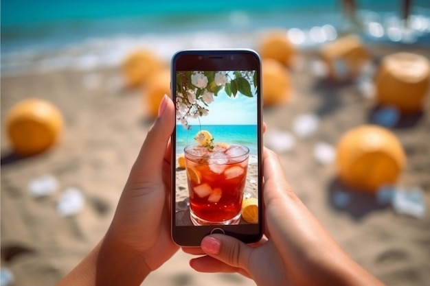 Taking photo of cocktail with smartphone on the beach Summer vacation concept