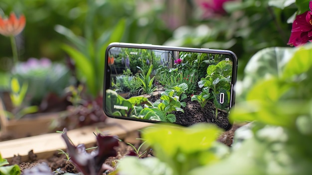 Photo taking a photo of a garden in bloom with a smartphone