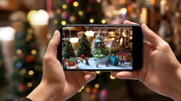 Taking picture of Christmas decoration with blur outside smartphone