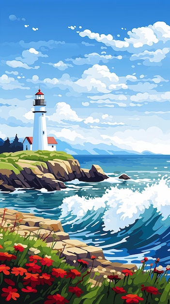 The tal lighthouse on a rocky shore with a wave coming in and a