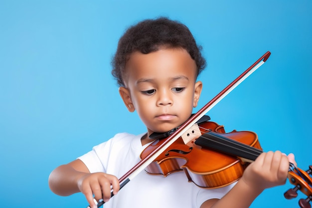 Talented Afrodescendant boy plays violin passionately White shirt black background studio setting