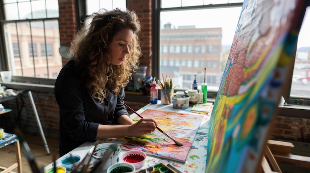 Photo a talented artist focuses intently on her large canvas skillfully applying colorful strokes of paint in a bright studio filled with natural light