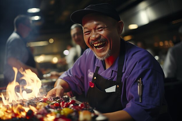 Talented asian chef skillfully cooking delicious food on open flame with a beaming smile