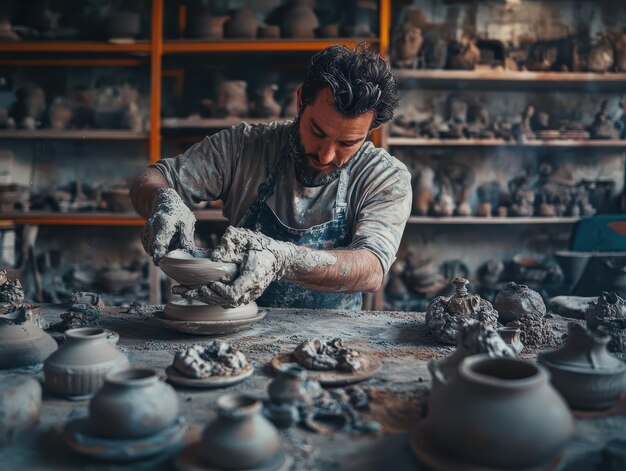 Photo talented ceramicist shaping clay into stunning pieces