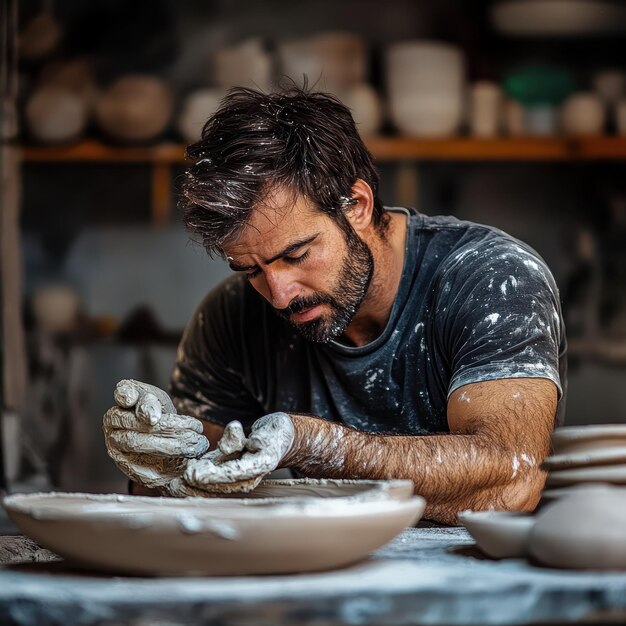 Photo talented ceramicist shaping clay into stunning pieces