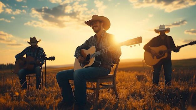 Photo talented country trio performing soulful melodies at sunset in peaceful rural landscape