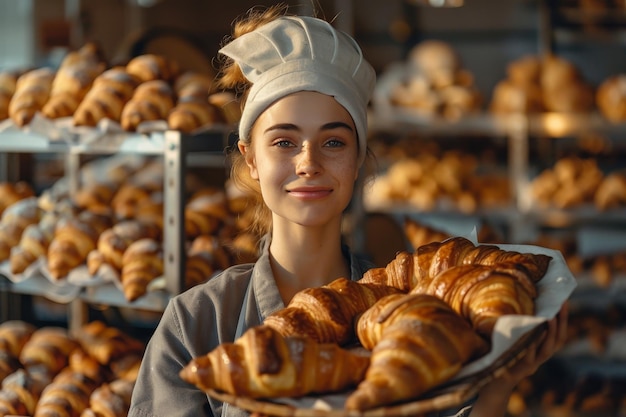 Talented female baker showcasing freshly baked croissants in charming bakery environment