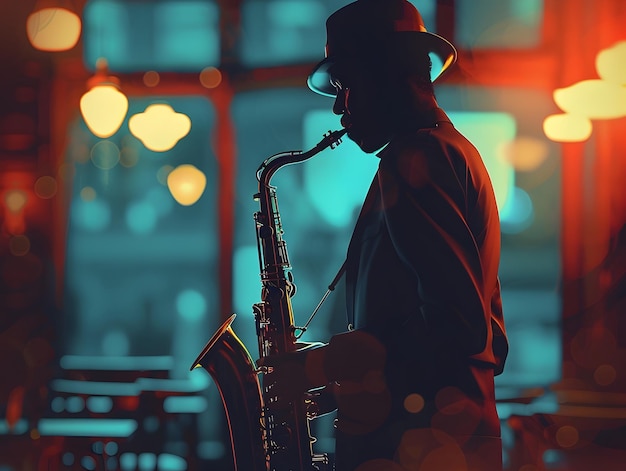 Photo talented musician captivates with vintage brass saxophone in dimly lit jazz club