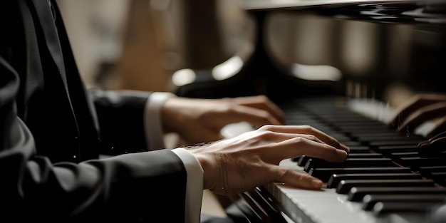 Photo talented young man in suit practicing classical piano before performance concept classical music piano practice young talent formal attire performance prep