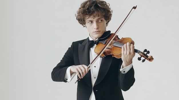 Photo a talented young violinist performs in formal attire showcasing skill and emotion in a dramatic solo