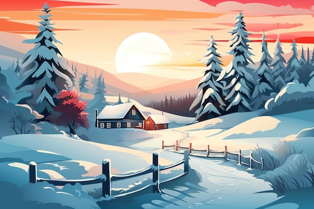 Tales of Winter 4K Travel Poster with Snowy Scenery Log Cabin and Enchanting Snow Strolls