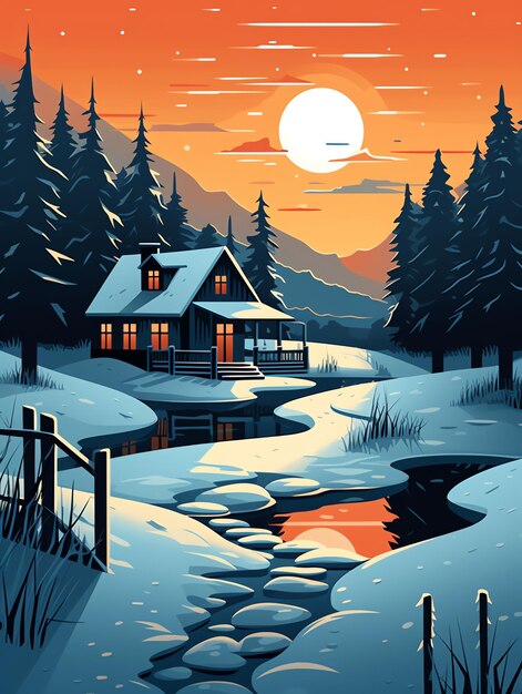 Tales of Winter 4K Travel Poster with Snowy Scenery Log Cabin and Enchanting Snow Strolls