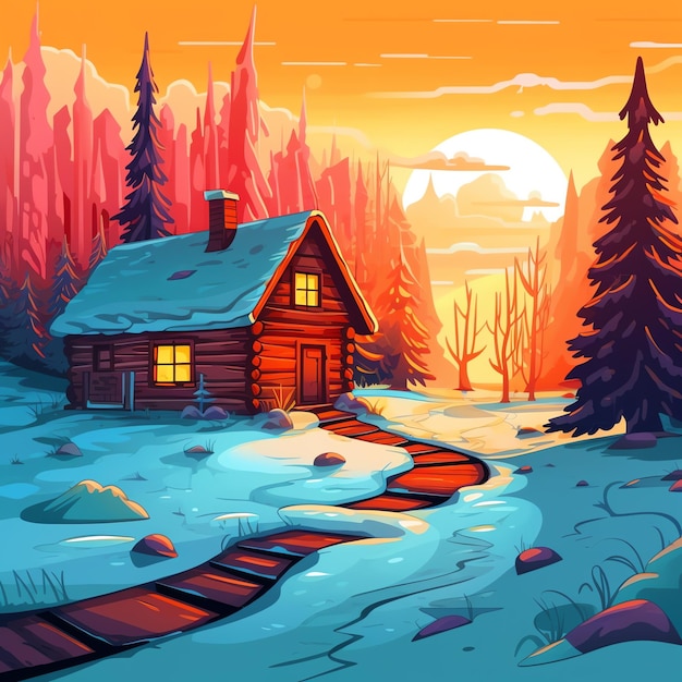 Tales of Winter 4K Travel Poster with Snowy Scenery Log Cabin and Enchanting Snow Strolls