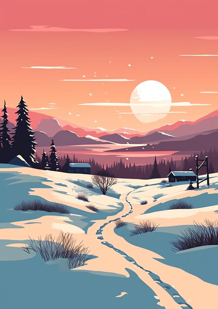 Tales of Winter 4K Travel Poster with Snowy Scenery Log Cabin and Enchanting Snow Strolls