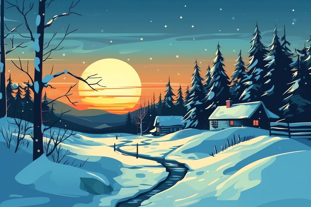 Tales of Winter 4K Travel Poster with Snowy Scenery Log Cabin and Enchanting Snow Strolls