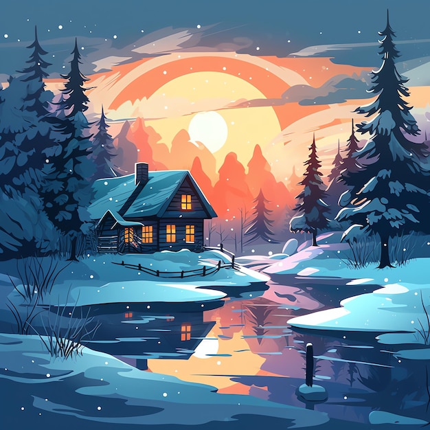 Tales of Winter 4K Travel Poster with Snowy Scenery Log Cabin and Enchanting Snow Strolls