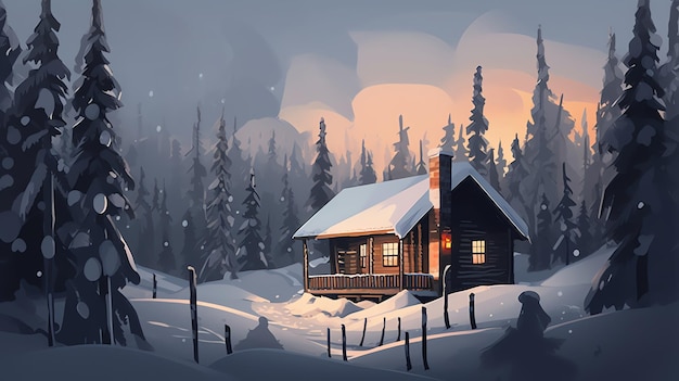 Tales of Winter 4K Travel Poster with Snowy Scenery Log Cabin and Enchanting Snow Strolls