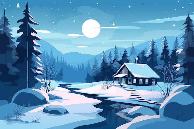 Tales of Winter 4K Travel Poster with Snowy Scenery Log Cabin and Enchanting Snow Strolls