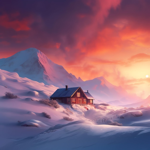 Tales of Winter 4K Travel Poster with Snowy Scenery Log Cabin and Enchanting Snow Strolls