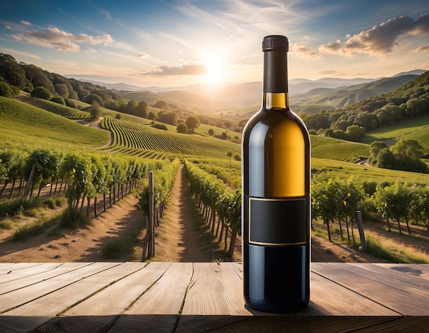 Tall Amber Glass Wine Bottle in Front of Beautiful Setting Sun over Vineyards