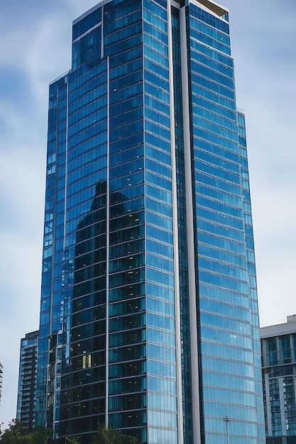 Photo tall blue building with a reflection 4k image