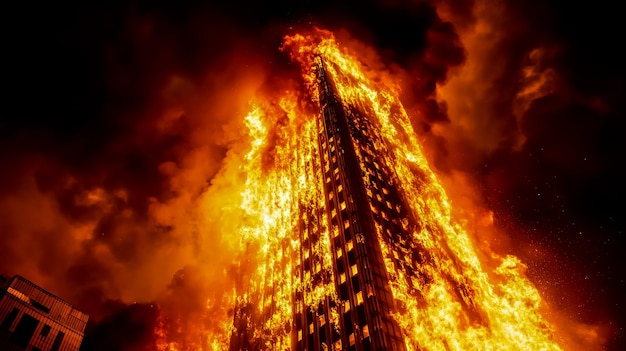 Photo a tall building is engulfed by flames in the middle of a city