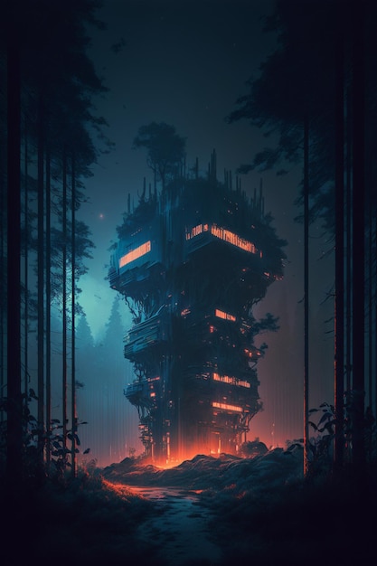 Tall building sitting in the middle of a forest generative ai