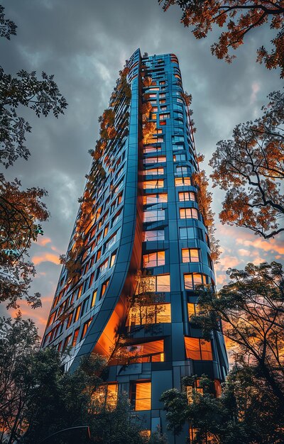 a tall building with a blue exterior and orange sky behind it