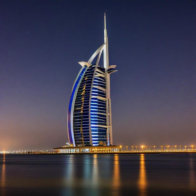 Photo a tall building with a blue star on the top