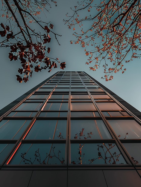 a tall building with a lot of windows and a tree branch with red flowers