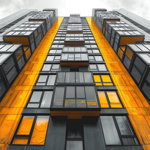 A tall building with many windows and a sky background