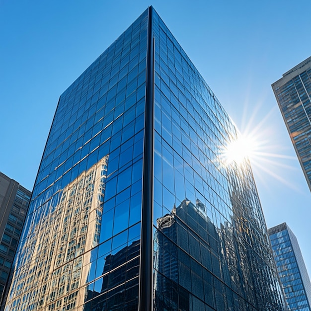 a tall building with a sun reflection on it and the sun shining on the glass