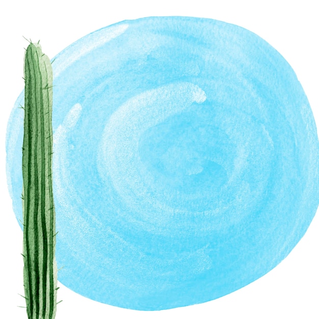 Tall cactus on the background of blue spot watercolor wallpaper