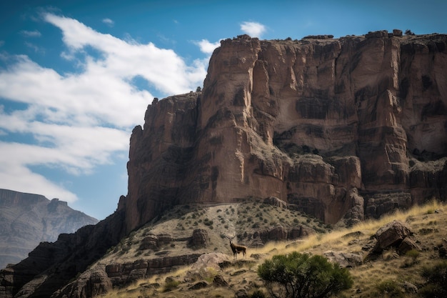 Tall cliff and sky with ibex grazing in the distance created with generative ai