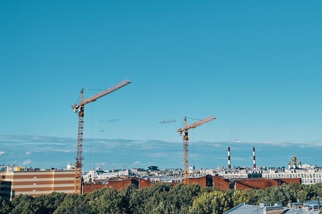 Tall construction cranes multistorey buildings and green trees urban area on a sunny summer day city