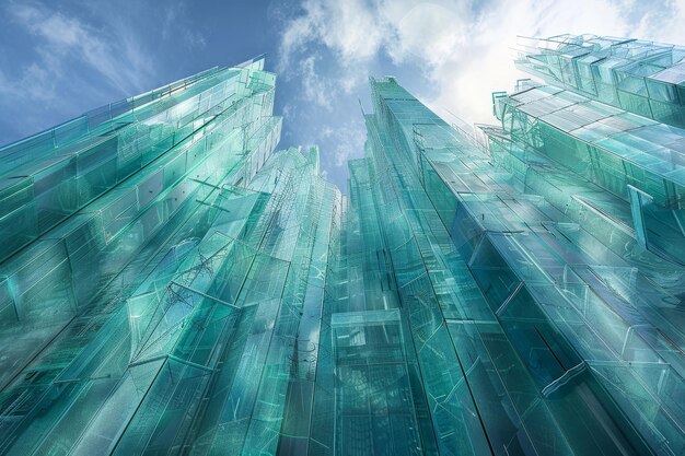 A tall glass building reaching towards the clouds in the background Towering glass spires reaching towards the sky