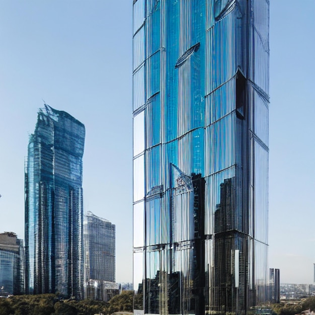 a tall glass building with the word quot h e quot on the bottom