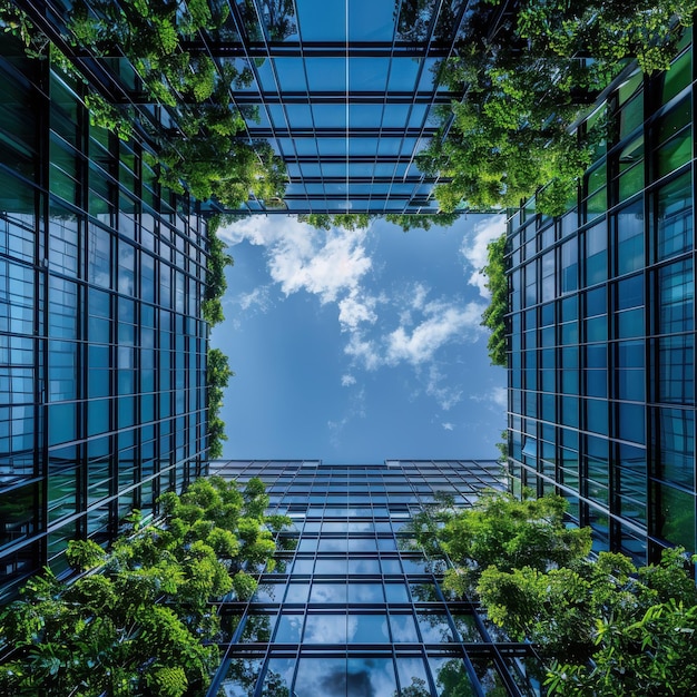 Tall glass buildings with lush greenery and blue sky in a modern urban setting creating a tranquil oasis in the heart of the city