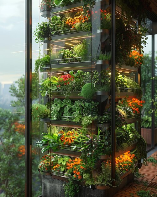 Photo a tall glass case with a variety of vegetables on it