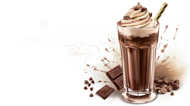 Photo tall glass of chocolate milkshake with chocolate bars and chips